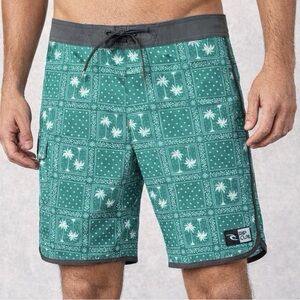 Rip Curl Dizzy Scallop Boardshorts Size 33 in a green palm tree print Gray Trim